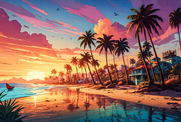 A playful depiction of a cartoon beach scene at sunset, with exaggerated palm trees vector art illustration generative AI image.
