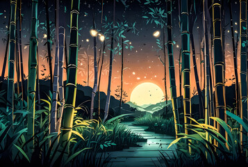 A whimsical depiction of a night bamboo forest vector art illustration generative AI image.
