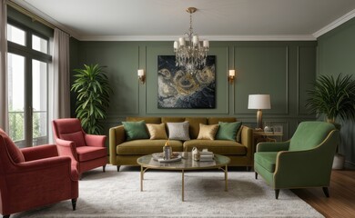 Stylish professional photograph of a dark green and brass luxury living room interior with velvet furniture and tropical plants