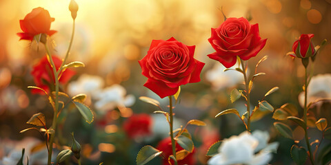 The vibrant red rose stems support delicate white blooms, reaching towards the warm sunlight.