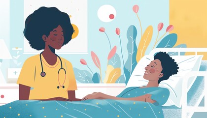 Illustration of a patient receiving care from a nurse in a hospital bed, highlighting compassion and healthcare services.