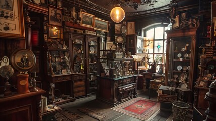 Naklejka premium An antique shop brimming with bygone curiosities, captivating curious visitors and passionate collectors.