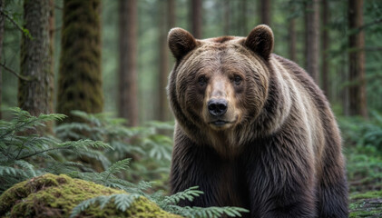 Fototapeta premium Brown bear in the summer forest. Green forest natural background. Natural habitat.