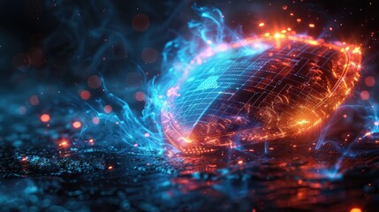 Fototapeta premium A futuristic cyber shield with blue energy waves, on a solid black background.