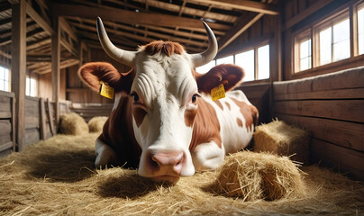 cattle, a bull in a barn eating hay.