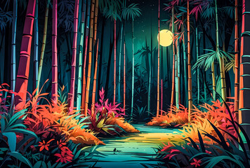 A whimsical depiction of a night bamboo forest, with vibrant colors and playful details adding...