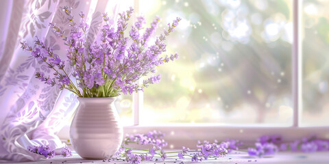 A Dash of Purple: A small vase overflows with delicate lavender flowers, their petals soft and inviting, their sweet scent filling the room, creating an elegant and soothing atmosphere