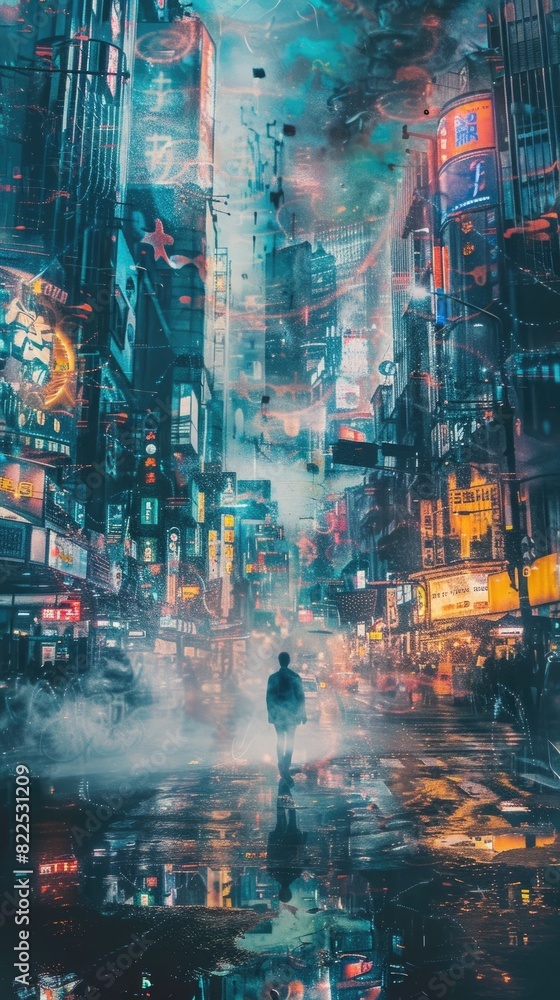 Wall mural Dystopian City Street Navigating Through Futuristic Toxic Atmosphere