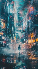 Dystopian City Street Navigating Through Futuristic Toxic Atmosphere