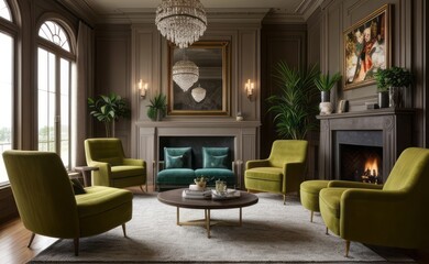 Stylish professional photograph of a dark green and brass luxury living room interior with velvet furniture and tropical plants