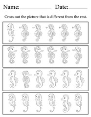 Seahorse Puzzle. Printable Activity Page for Kids. Educational Resources for School for Kids. Kids Activity Worksheet. Find the Different Object