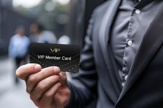 VIP member card holded by an elegant man in suit, with writing “ VIP Member Card “
