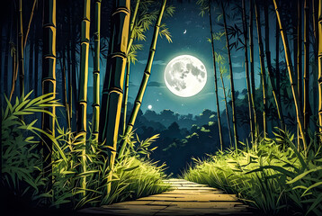 A peaceful night landscape of a bamboo forest, with the tranquil sounds of nature and the soft glow...