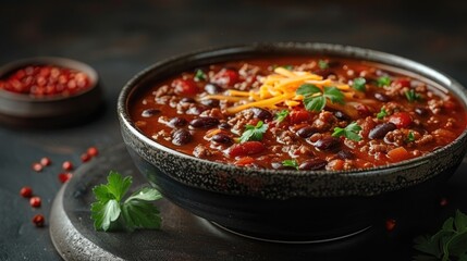  A hearty bowl of chili with beans, ground beef, and melted cheddar cheese on top, on a solid maroon background.