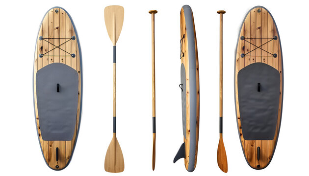 Collage with SUP board with paddle isolated on white, different sides