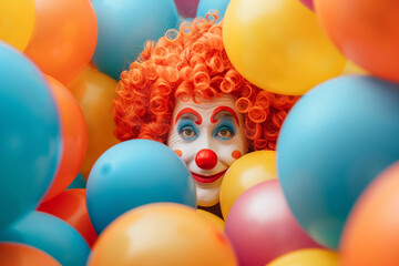 A clown with a big smile and orange hair adds fun to the balloon-filled scene