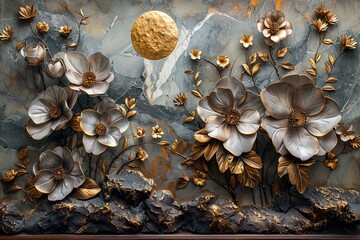 3 panels art, marble background with golden and silver flowers designs , with golden round circle