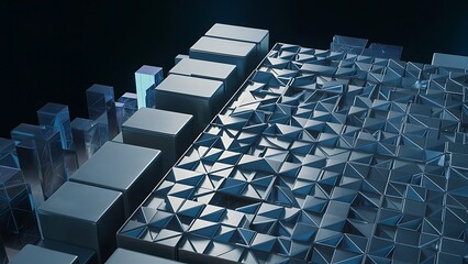 Obraz premium Futuristic, High Tech, dark background, with a triangular block structure. Wall texture with a 3D triangle tile pattern. 3D render