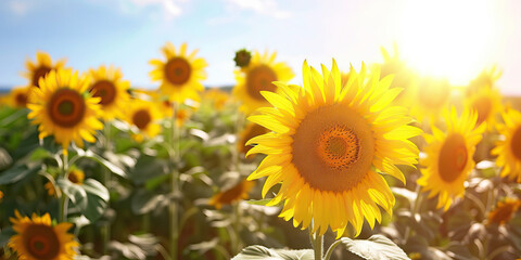 Obraz premium The Dancing Sunflowers: A field of bright yellow sunflowers bob and sway gently in the warm summer breeze, their heads nodding towards the brilliant sun high in the sky