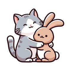 cartoon cute cat and rabbit hugging icon character