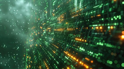 A holographic security interface with floating data streams, on a solid green background.