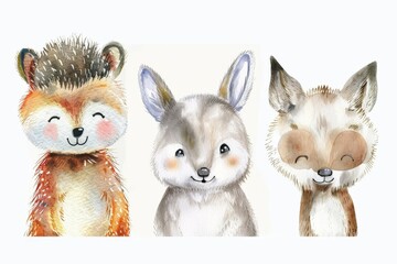 Woodland Animals & Plants Clipart Watercolor Set -  Transparent PNGs - Nursery Clipart, Fox, Bear, Deer, Hedgehog. Beautiful simple AI generated image in 4K, unique.