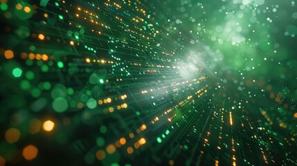 A holographic security interface with floating data streams, on a solid green background.