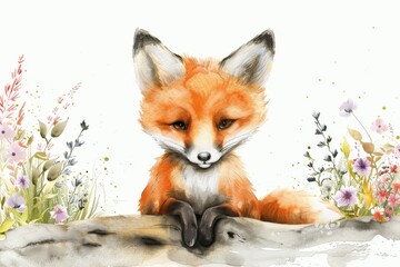 Fototapeta premium Woodland Animals & Plants Clipart Watercolor Set - Transparent PNGs - Nursery Clipart, Fox, Bear, Deer, Hedgehog. Beautiful simple AI generated image in 4K, unique.