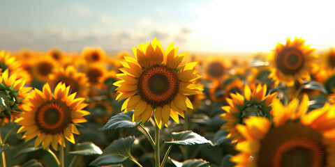 Fototapeta premium The Dancing Sunflowers: A field of bright yellow sunflowers bob and sway gently in the warm summer breeze, their heads nodding towards the brilliant sun high in the sky