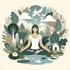 yoga, mujer, meditación, vector, ilustración, carroceria, actitud, loto, relaja, ejercicio,...