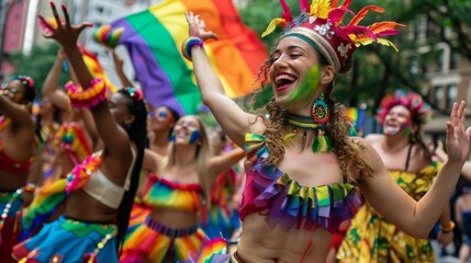 Pride parade featuring dancers and musicians, vibrant procession --ar 16:9 Job ID:...