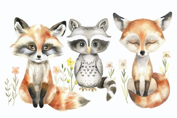 Woodland Animals & Plants Clipart Watercolor Set -  Transparent PNGs - Nursery Clipart, Fox, Bear, Deer, Hedgehog. Beautiful simple AI generated image in 4K, unique.