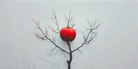 The Red Apple Tree: A single, vibrant red apple sits at the center of an empty, white background, its branches stretching out in all directions