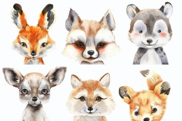 Obraz premium Woodland Animals & Plants Clipart Watercolor Set - Transparent PNGs - Nursery Clipart, Fox, Bear, Deer, Hedgehog. Beautiful simple AI generated image in 4K, unique.