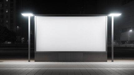Empty white modern street billboard mockup. Bus stop in a city at night