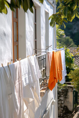 Group of towels and bathrobes hanging outside the window on a clothesline to dry in the sun
