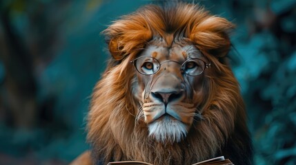 A lion wearing reading glasses, engrossed in a book, on a turquoise background.