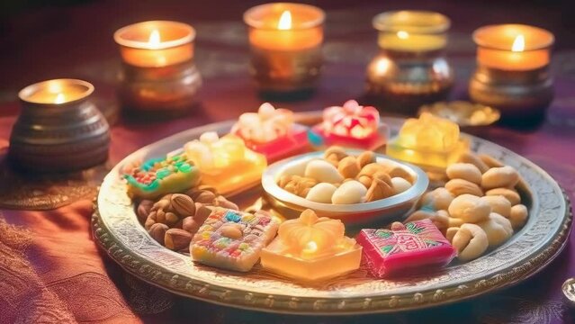A vibrant display of traditional sweets and candles, evoking celebration, festivity, and warmth. The intricately arranged treats and glowing lights symbolize joy, culture, and tradition