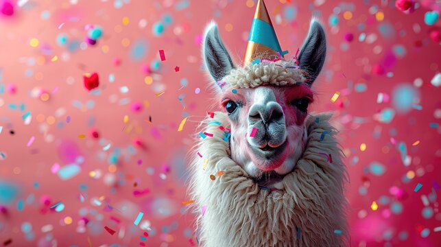 A llama with a party hat and confetti, blowing a party horn, on a bright pink background.
