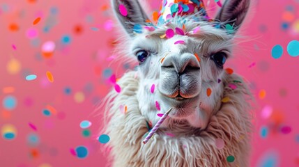 A llama with a party hat and confetti, blowing a party horn, on a bright pink background.