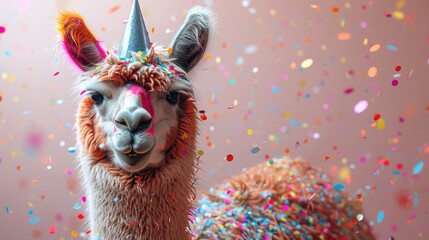 Naklejka premium A llama with a party hat and confetti, blowing a party horn, on a bright pink background.