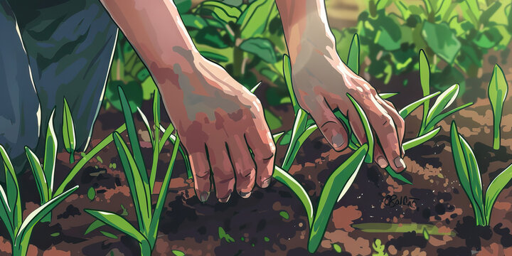 A gardener carefully tends to their meticulously planned garden, their hands moving with a practiced ease that speaks of years spent cultivating this small piece of paradise