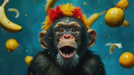 A monkey wearing a clown wig and red nose, juggling bananas, on a solid blue background. - Powered by Adobe