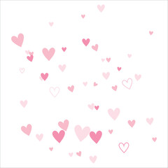 Hearts random falling on white background. Bunch of pink hearts random scattered. Chaotic falling hearts