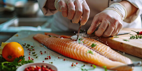 A chef expertly fillets a fresh fish the delicate flesh sliced on wood cutting board.