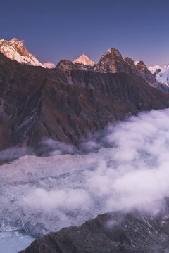 Wide panorama from Mount Everest across Gokyo, including Gokyo Lakes