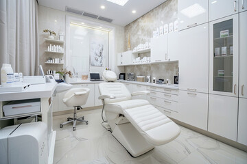 Bright empty cosmetology cabinet in modern beauty clinic. Interior of beautician room in aesthetic medicine salon. Medical office of dermatologist specialist. Cosmetic, skincare
