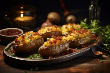 Delicious twice-baked potatoes garnished with crispy bacon, melted cheese, and parsley on a rustic setting