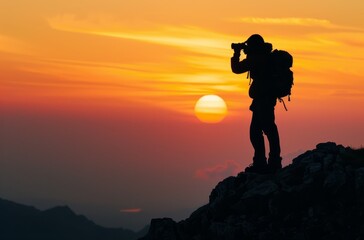 Silhouette of man standing on top mountain holding binoculars 