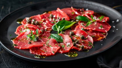 Gourmet beef carpaccio, thinly sliced, drizzled with olive oil and capers, elegant plating, high-end dining